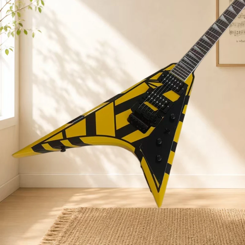 V Pointed Irregular Electric Guitar Yellow Black Block HH Pickup Old-fashioned Hard Rock Mahogany Body Free Shipping