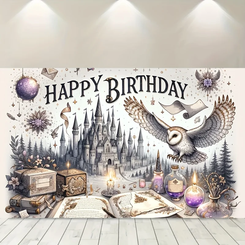 Hintergrundbanner „Magic Castle and Owl Happy Birthday“ – Partydekorationen mit Fantasy-Motiv – Detail 1