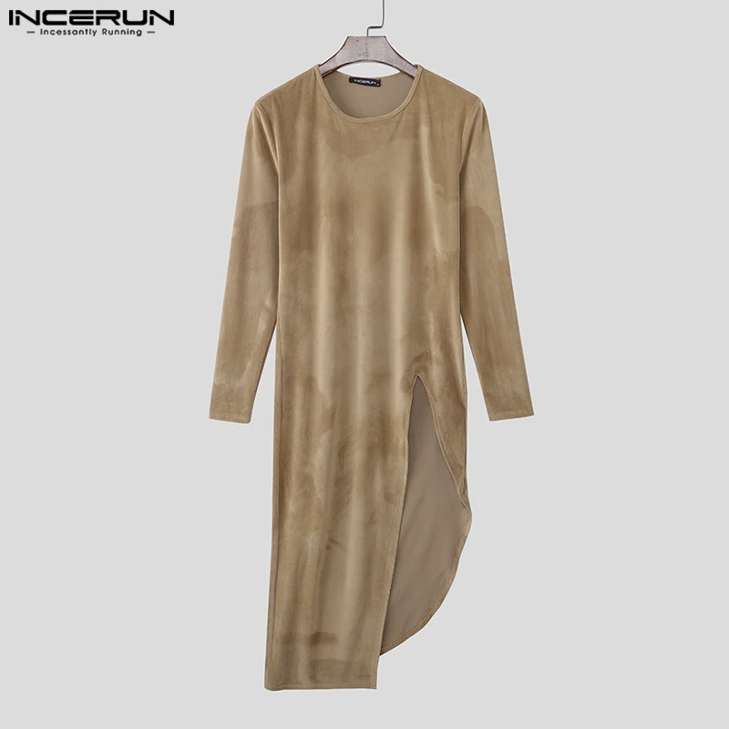 INCERUN الرجال نمط طويل تي شيرت بلون س الرقبة طويلة الأكمام عادية غير النظامية المحملة القمم الشارع الشهير 2025 موضة الرجال الملابس