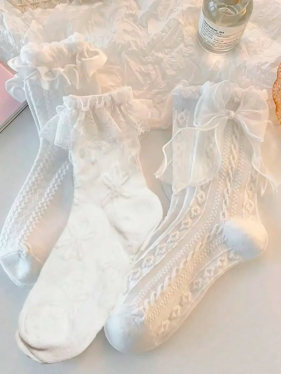 

6 пар женских носков с милыми бантиками и рюшами - японская мода, мягкие, удобные, для повседневной носки