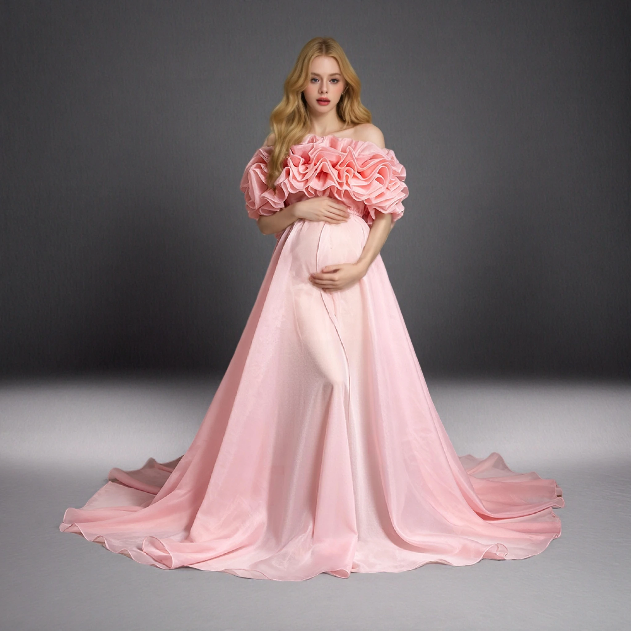 Maternity Dress Photoshoot Pink Off-the-Shoulder Ruffled Dress for Pregnant Women Baby Shower Pregnant Women Costume YW260227D