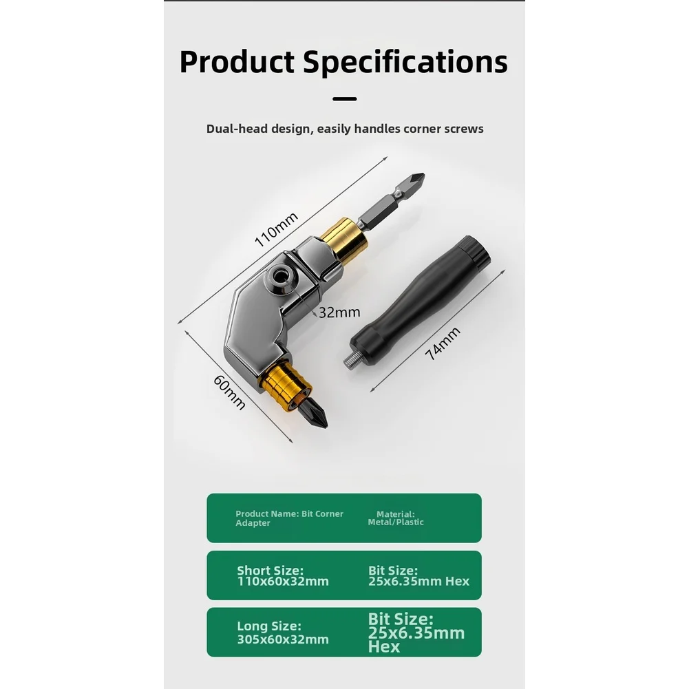 Corner Screwdriver Adapter with Dual Ended Design and 6.35mm Hex Shank for Broad For Drill Compatibility and Utility
