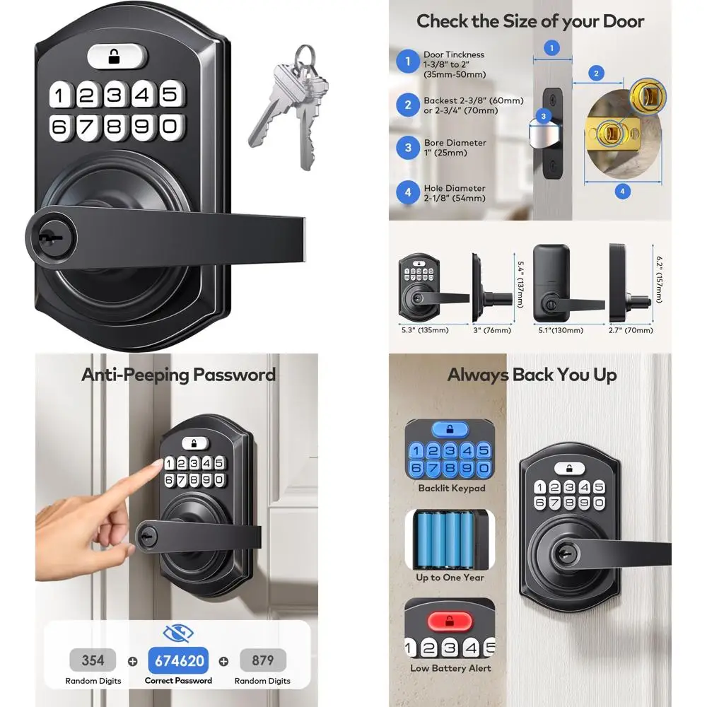

Keyless Entry Keypad Door Lock with Handle - Smart Digital Lock for Interior Doors, Anti-Peeping, Auto-Lock, Passage Mode - Easy