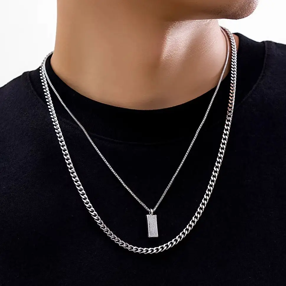 KunJoe 2 szt./zestaw Modny, prosty naszyjnik z kwadratową zawieszką dla mężczyzn, punkowy srebrny łańcuszek typu Cuban Link, choker, męska biżuteria