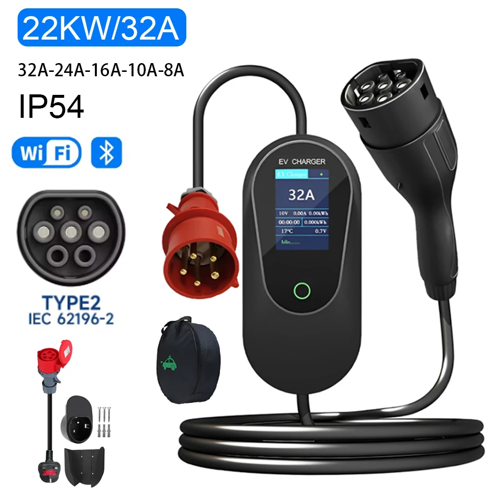 

Портативное зарядное устройство для электромобилей 22 кВт Type2 IEC 62196-2 32A, настенный ящик для быстрой зарядки, кабель 5 м с Wi-Fi, приложение Bluetooth, вилка стандарта Великобритании/ЕС