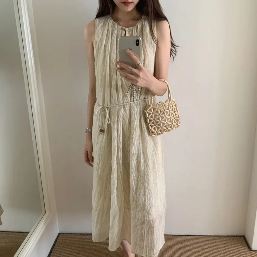 

Women's Summer Vintage Sleeveless Long Dress with Belt Spaghetti Strap Halo Staining Wrinkle Midi Sundress Female 2024