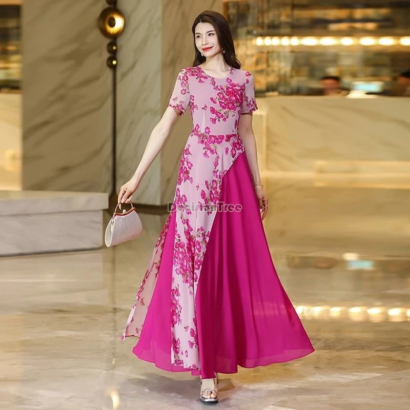 2024 new chinese style classical printing chiffon robe fashionable patchwork modern daily dress fairy temperament gauze dress