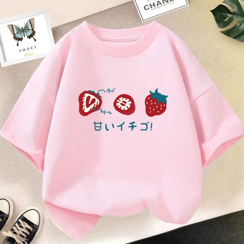 Kids Strawberry Printed Short-Sleeved Summer Fashion T-Shirt Summer Loose Korean Style Vintage Fruit Top for Children Tops