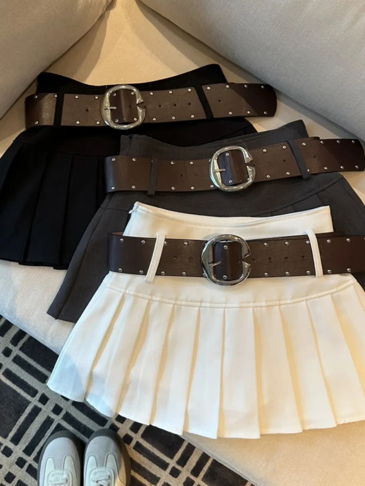 

White High Waist A-Line Skirt with Belt Anti-Light Korean Sle Commute Pleated f Skirt for Women Spring Summer