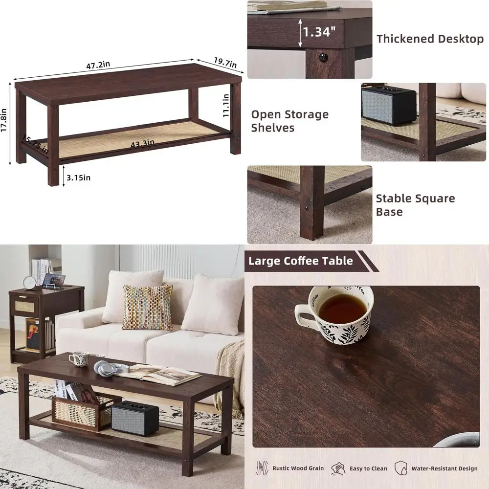 

Walnut Rattan Living Room Coffee Table with Open Storage Shelf