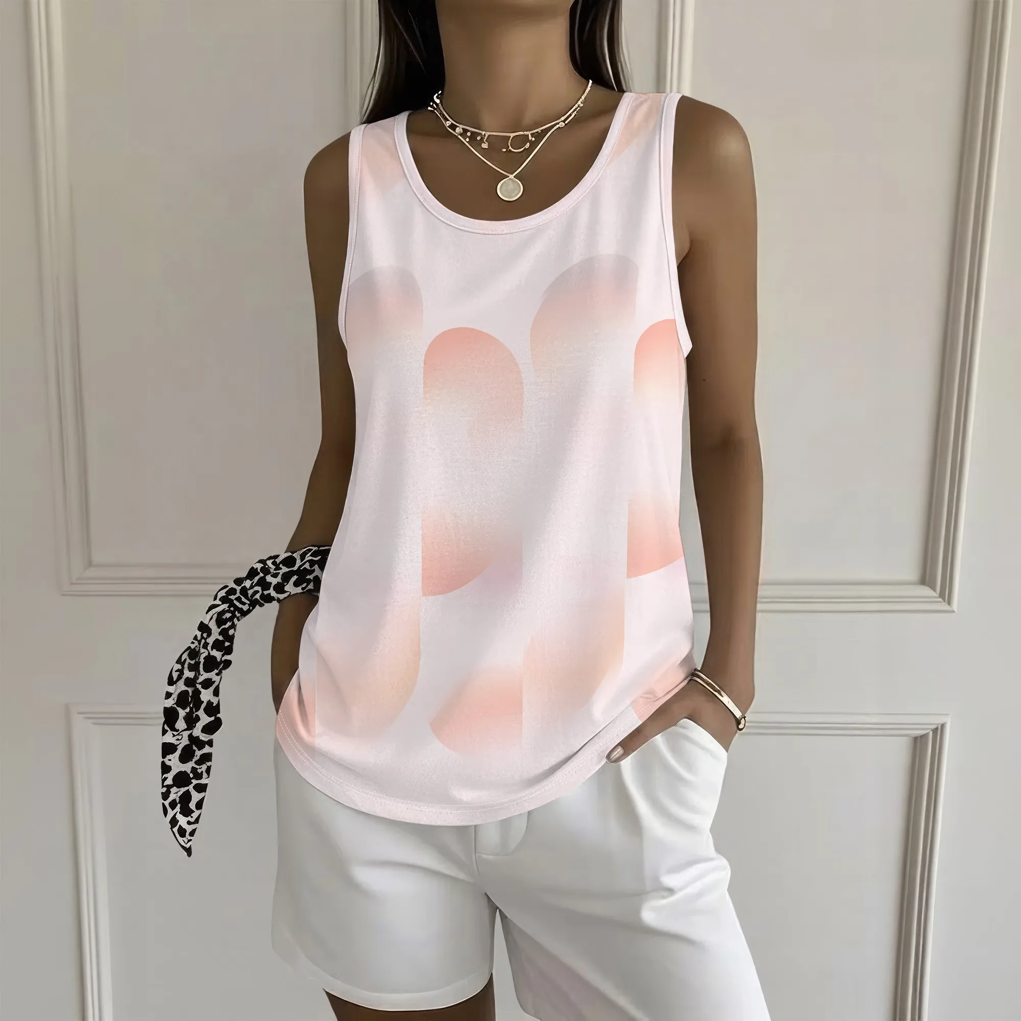 Abstract Pink Gradient Print Tank Top, Soft Sleeveless Blouse, Casual Summer Shirt for Women, S-2XL