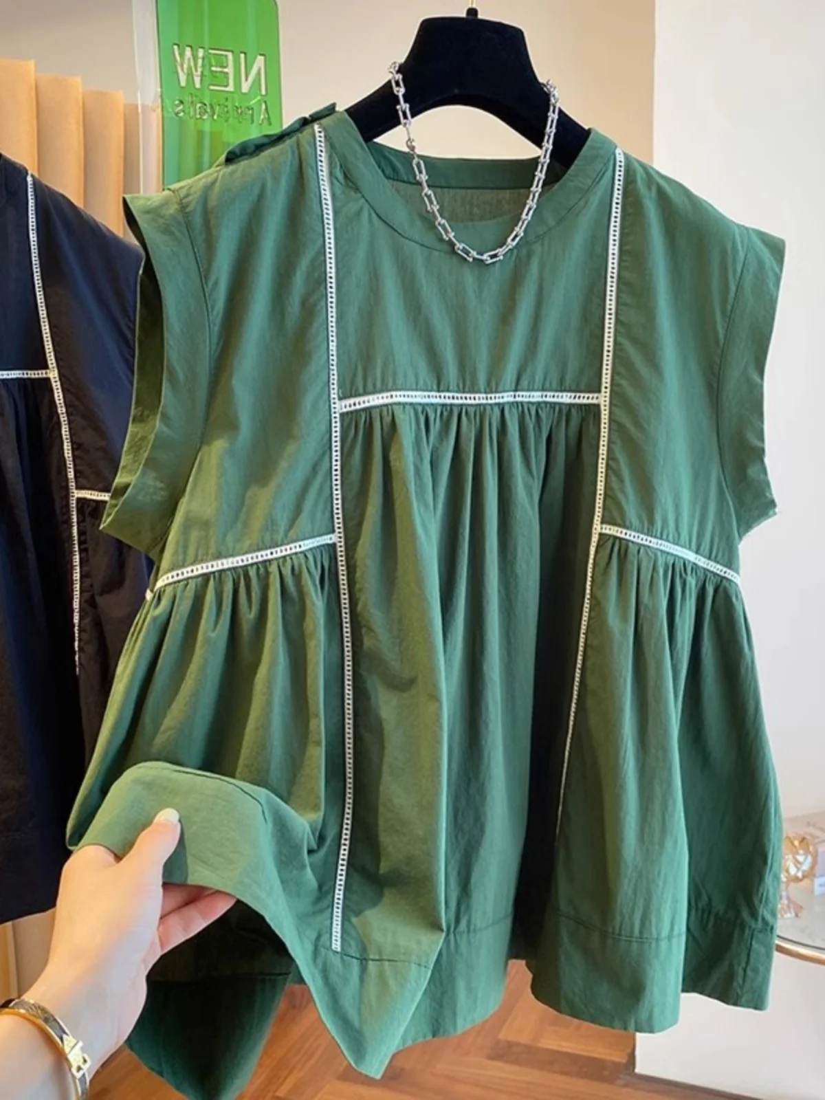 

Loose Casual een irt Women's Summer Top Sweet Sle Svel round Ne Plain Color Decorative Seng Doll irt