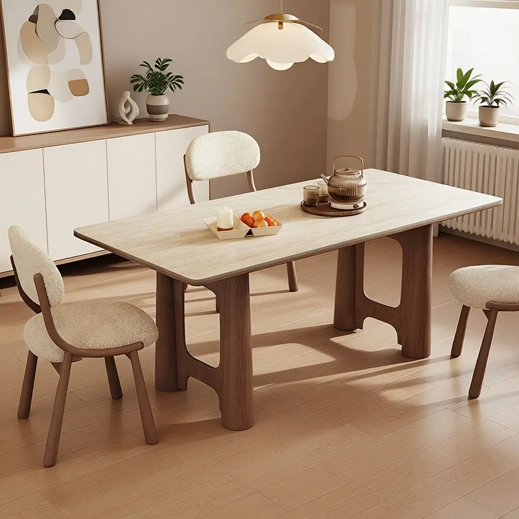 CX medieval solid wood rectangular household walnut Italian minimalist travertine rock slab dining table