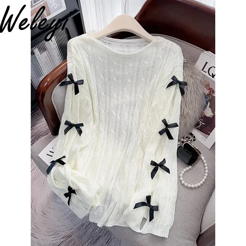 

Sweet Hollow Bow Sunscreen Off-white Sweaters Ladies Pulls 2024 New Chic Women's Loose Long Flared Sleeve Knitted Sweater Top