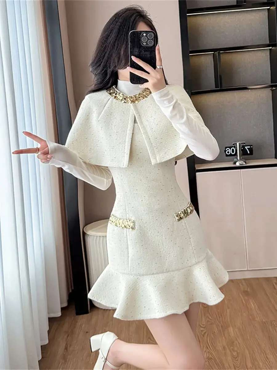 

Осенне-зимние твидовые комплекты с блестками для женщин, милая короткая накидка, пальто + мини-платье без бретелек, модные наряды из двух предметов