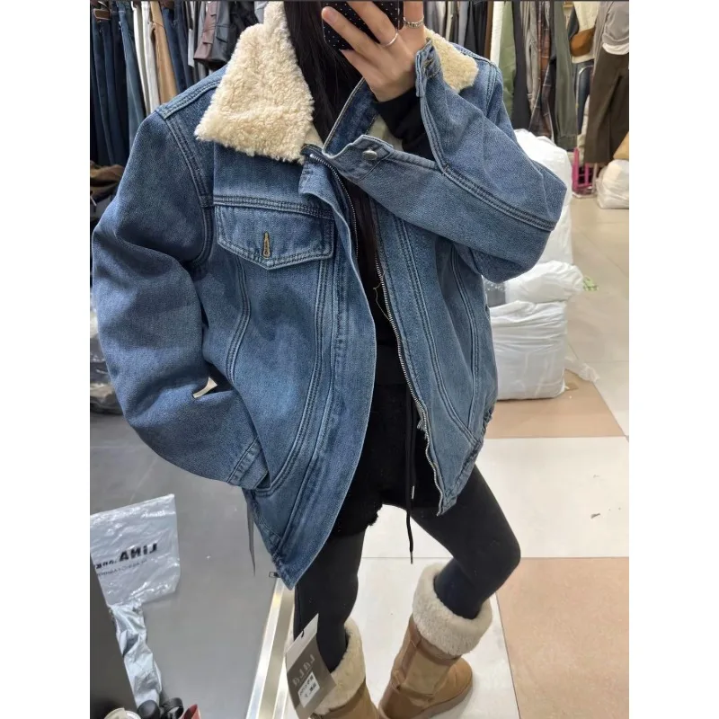 2025 Autumn and Winter New Design Denim Cotton-padded Jacket Whole Composite Velvet Splicing Imitation Lamb Wool Collar Jacket
