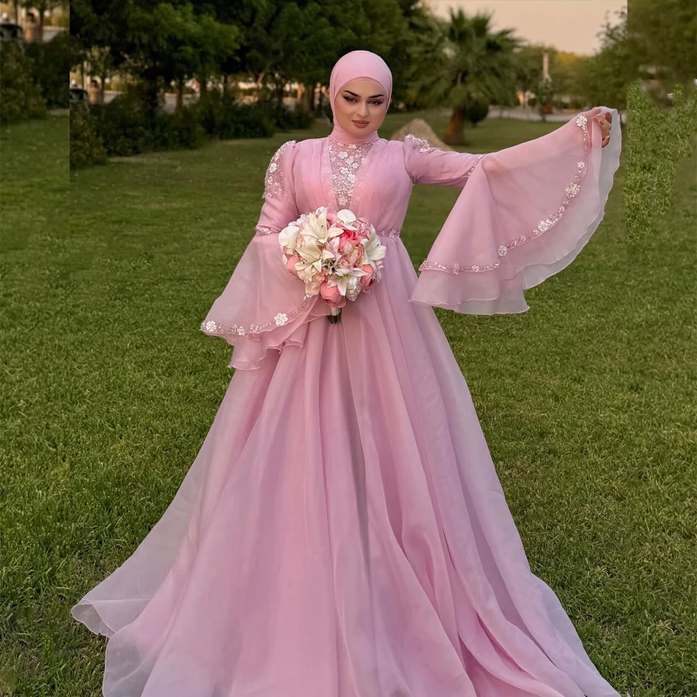 

Fairy Wedding Dresses with Hijab for Muslim High Neck Long Sleeve Garden Beach Brides Dress Appliques Bridal Gown Customized