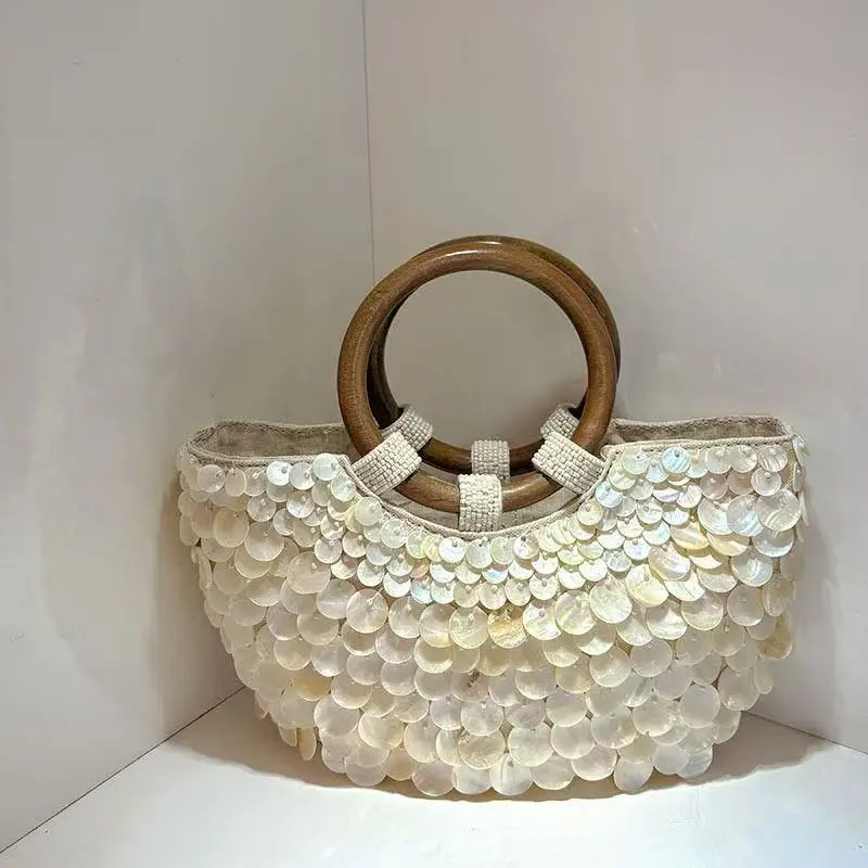 Pearl Applique Bag Spring New Handmade Natural Shell Beaded Small Top Handle Tote Handbag For Woman Beige Wedding Party Bags