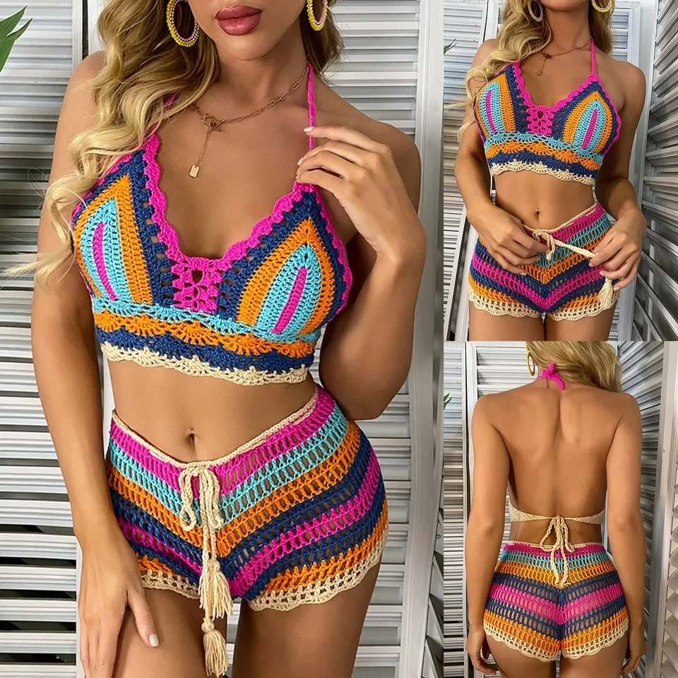 Summer Sexy Beach Vacation Bikini Split Color Striped Hand Crochet Knitted Swimsuit Set High Waist Two Pieces Woman Swimsuits