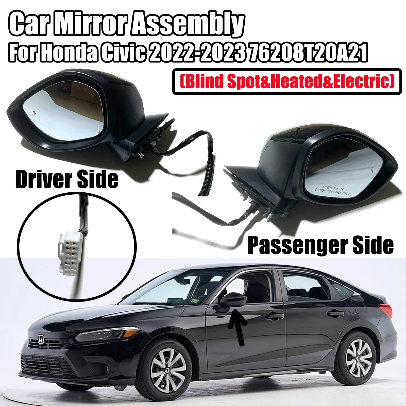 

Car Rearview Mirror Assembly For Honda Civic 2022-2023 Passenger Driver Side Blind Spot Heated Electric 76208T20A21 7 Line Black