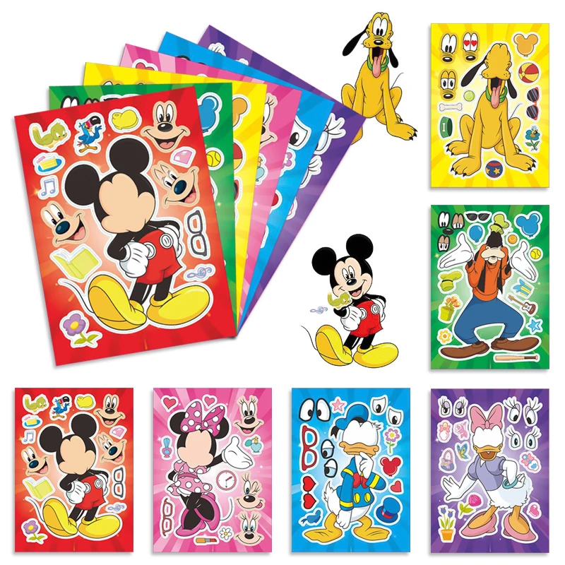 6/12/18/24 Sheets Disney Puzzle Stickers Mickey Minnie Donald Duck DIY Facial Splicing Stickers Children Funny Puzzle Toys