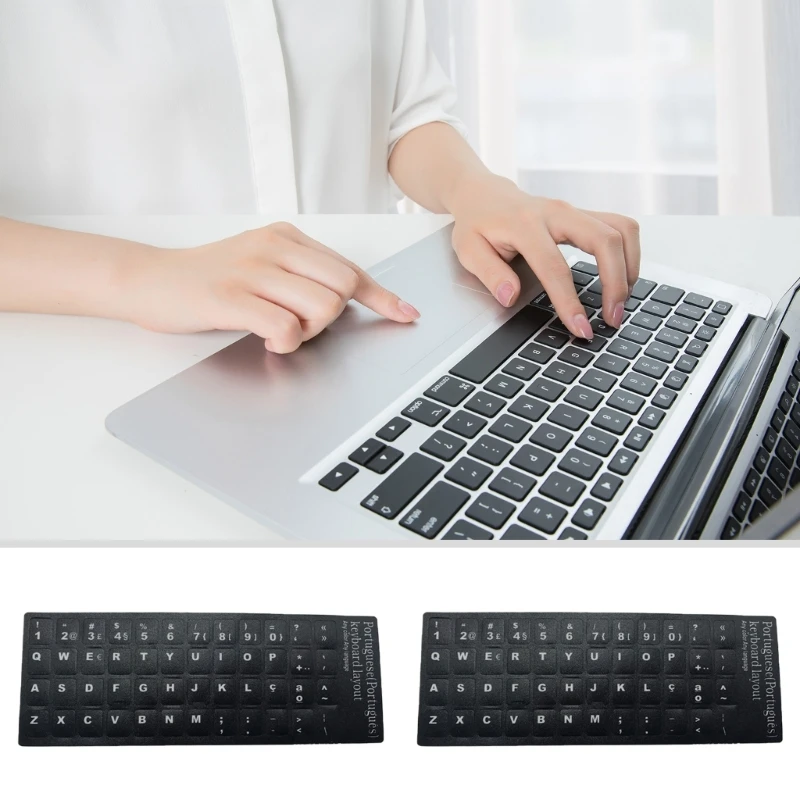 2Pcs Portuguese Keyboard Layout Stickers Keyboard Replacement Cover for Notebook Desktop Computer Black Background White