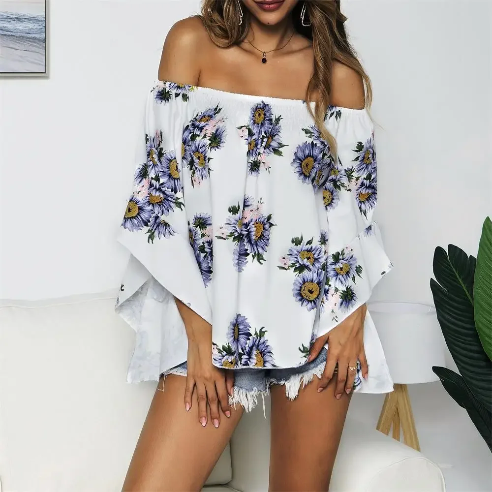 Print T-shirt Off Shoulder Blouses Women Vintage Sunflower Top Flare Sleeves Thin Loose Top Korean Reviews Y2K Clothes Summer