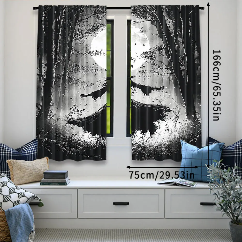 2Pcs Halloween Forest Curtain Horrible Foggy Full Moon Witch Silhouette Gothic Halloween Night Scene Bedroom Bathroom Decor