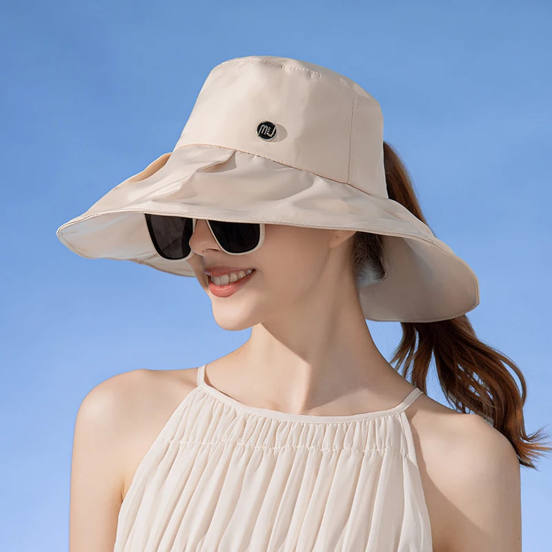 

New Style Women Bucket Hat 12cm Large Brim Anti-UV Sun Cap Outdoor Breathable Quick Drying Summer Beach Hat with Ponytail Hole