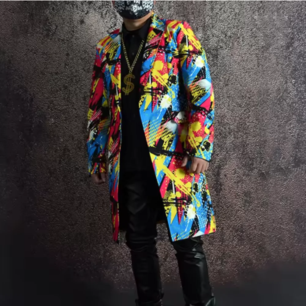 2025 männer Bühne Outfit Jazz Hip Hop Street Dance Kostüm Graffiti Gedruckt Casual Anzug Männlich Langen Mantel Bunte Leistung tragen