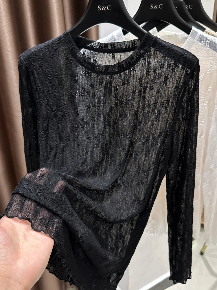 

Женская тонкая сетчатая майка-топ с вырезами и круглым вырезом на шее для весны и осени, сетчатая накидка