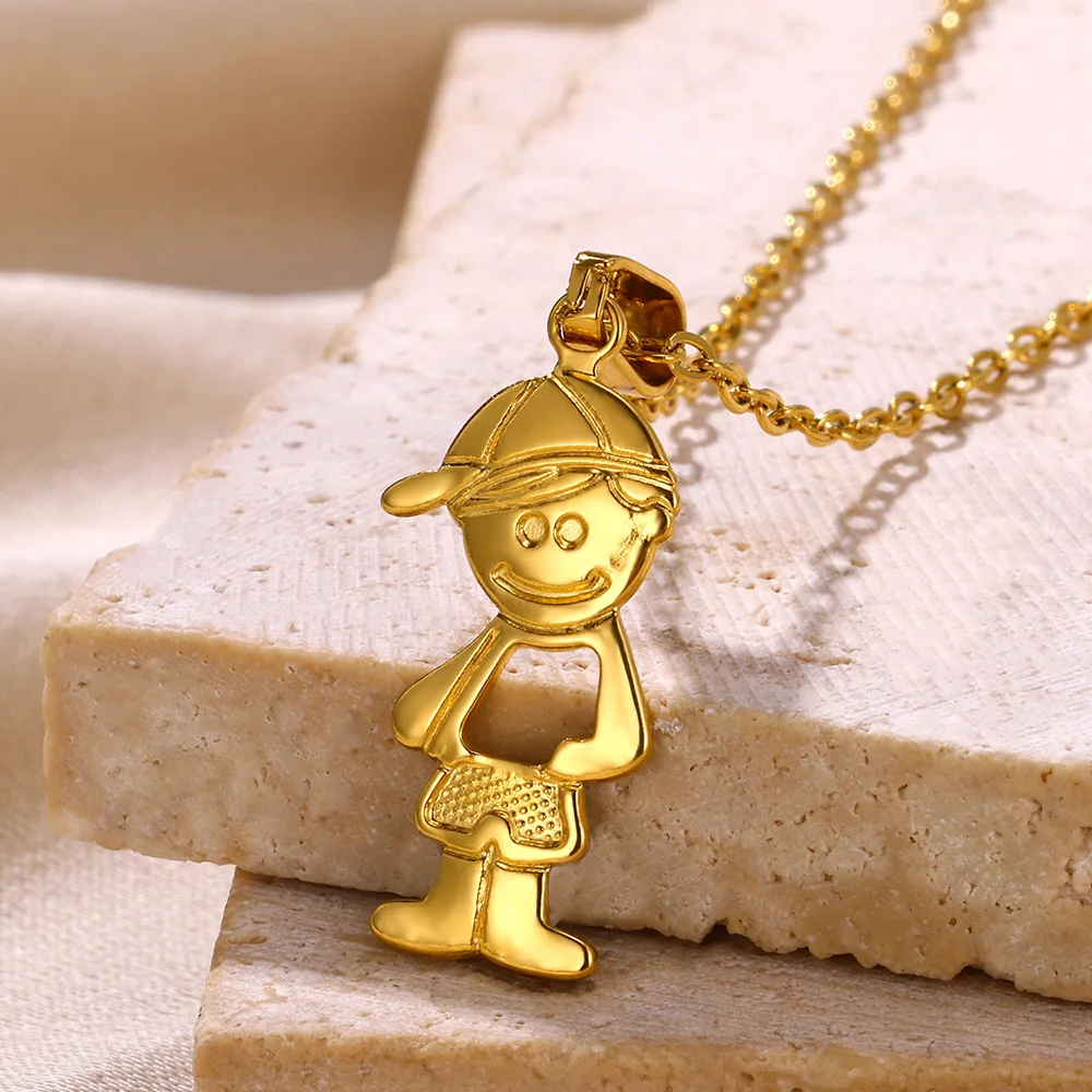 Happy Cute Little Boy Girl Necklace Women Men Children Jewelry Stainless Steel Sisters Brothers Gold Color Pendant Necklace