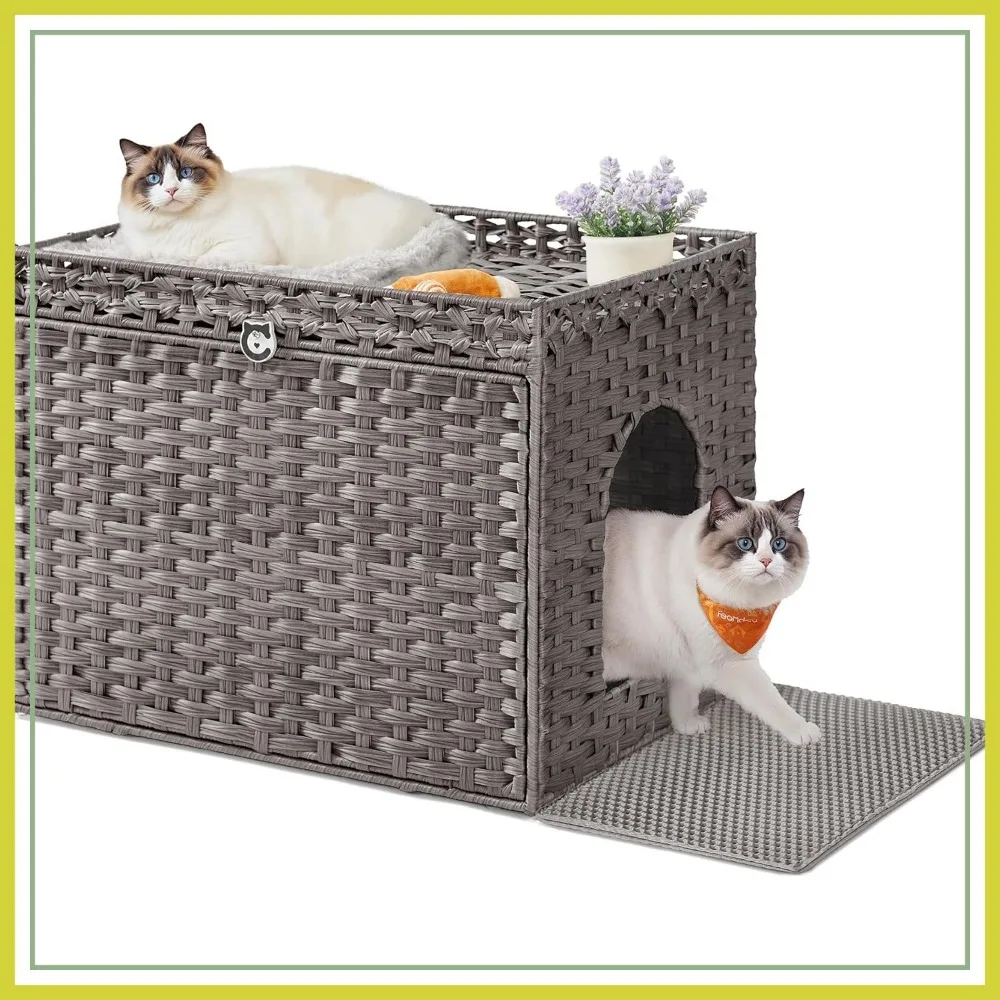 

Handwoven Rattan Cat Litter Box Enclosure, Hidden Furniture with Litter Mat, Removable Tray, Boho End Table, Dove Gray