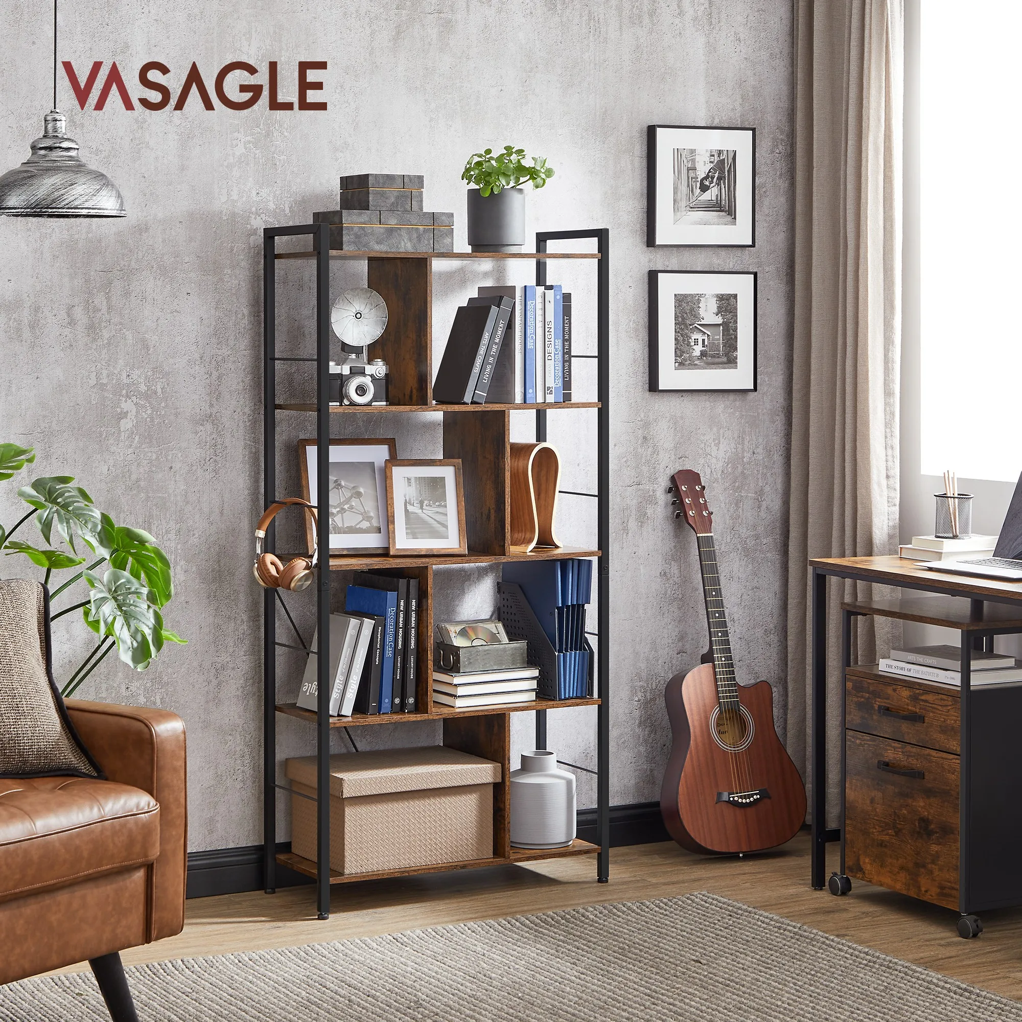 VASAGLE 5-Tier Storage Unit, Open Compartments, Industrial Style for Office, Living Room, Bedroom, Rustic Brown/Black