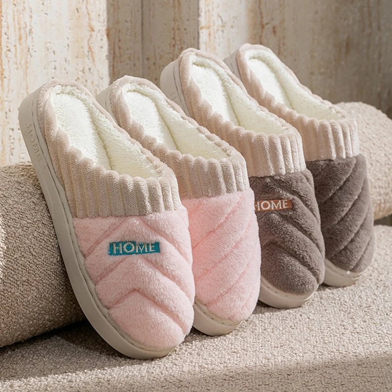 

Fashion Winter Warm Slippers Women Fluffy Flats Couples Concise Thick Sole Men Furry Slides Home Non-slip Soft Cotton Shoes