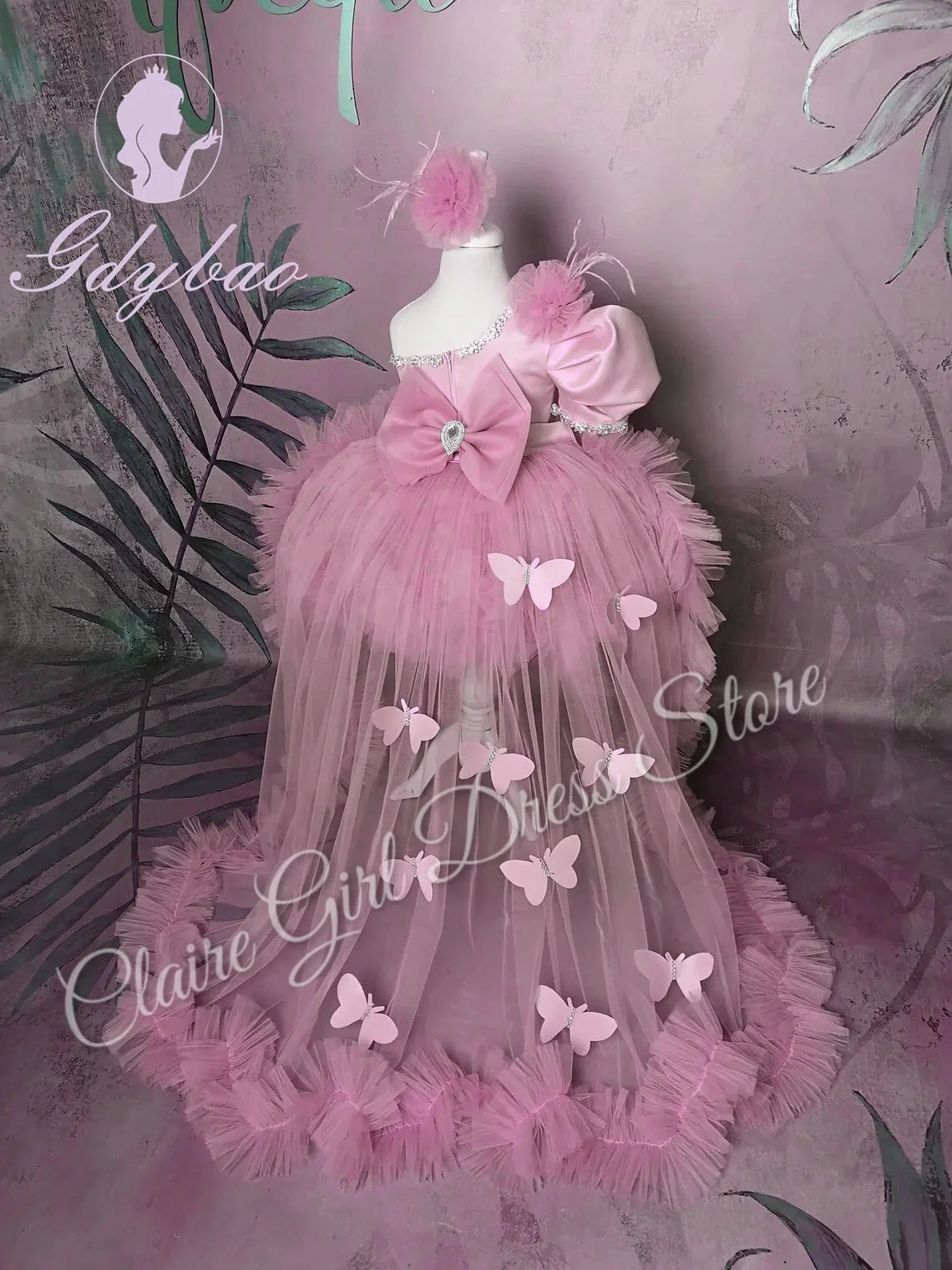 

Customized Pink Flower Girl Dress For Wedding One Shoulder With Bow Butterflies Birthday Party First Communion Pageant Gown