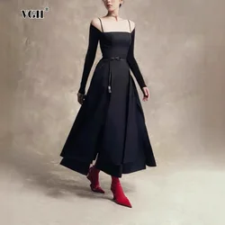 VGH Solid Designer Split Camisole Long Dress for Women Square Collar Long Sleeve High Waist Irregular Temperament Dresses Female
