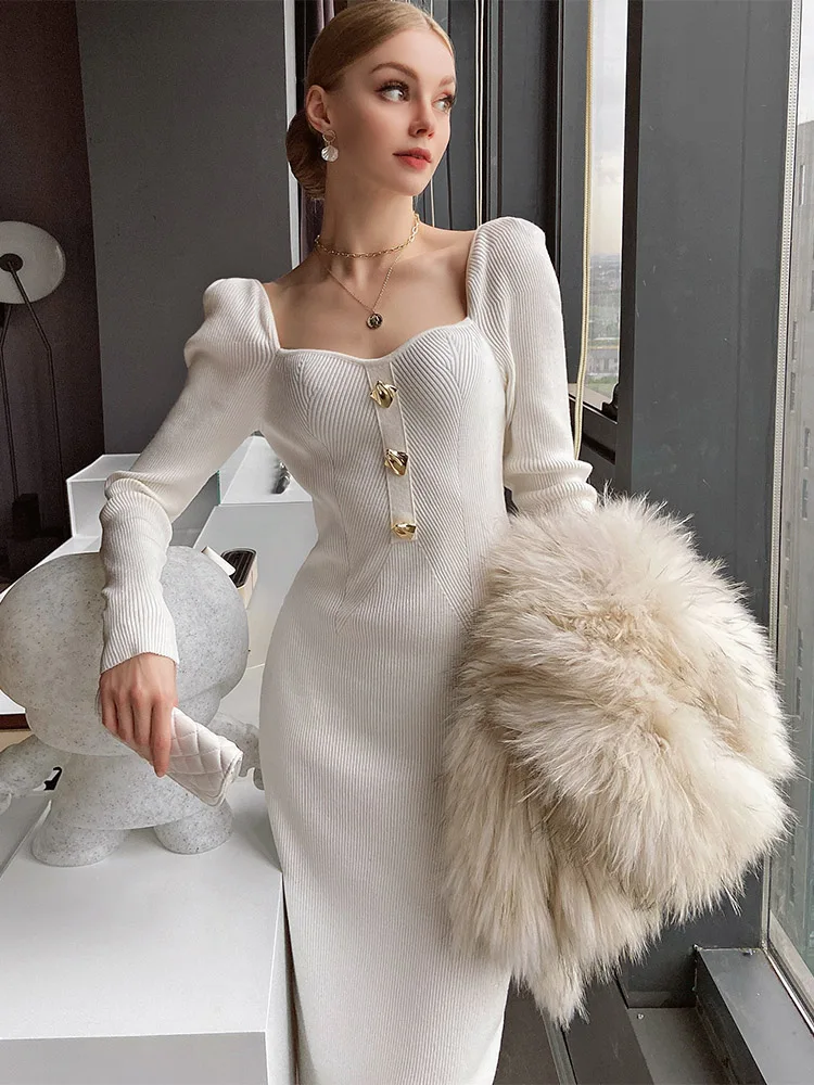 

Dabuwawa Tienda Vestidos Elegantes Para Mujeres Knitted Long Dress Sweetheart Neck Princess Sleeves Empire Skirt Y2K DF1CDR057