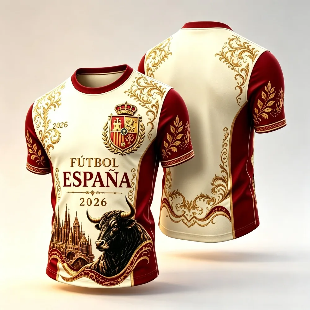 T-shirt Homme Espagne 2026 – Maillot de Foot d'Été Vintage à Imprimé Architecture Taureau – ESPANA Manches Courtes Tendance Sport Décontracté