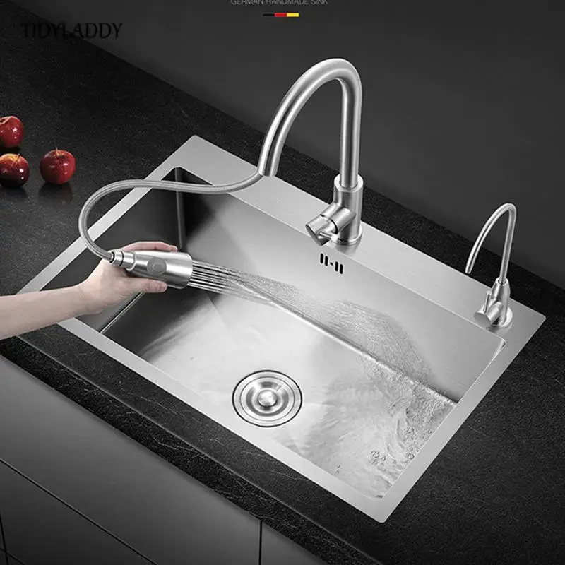 Wastafel Dapur Stainless Steel Rumah Pertanian Di Atas Konter Bawah Air Wastafel Usus Tunggal dengan Keran Pembuangan Aksesori Dapur