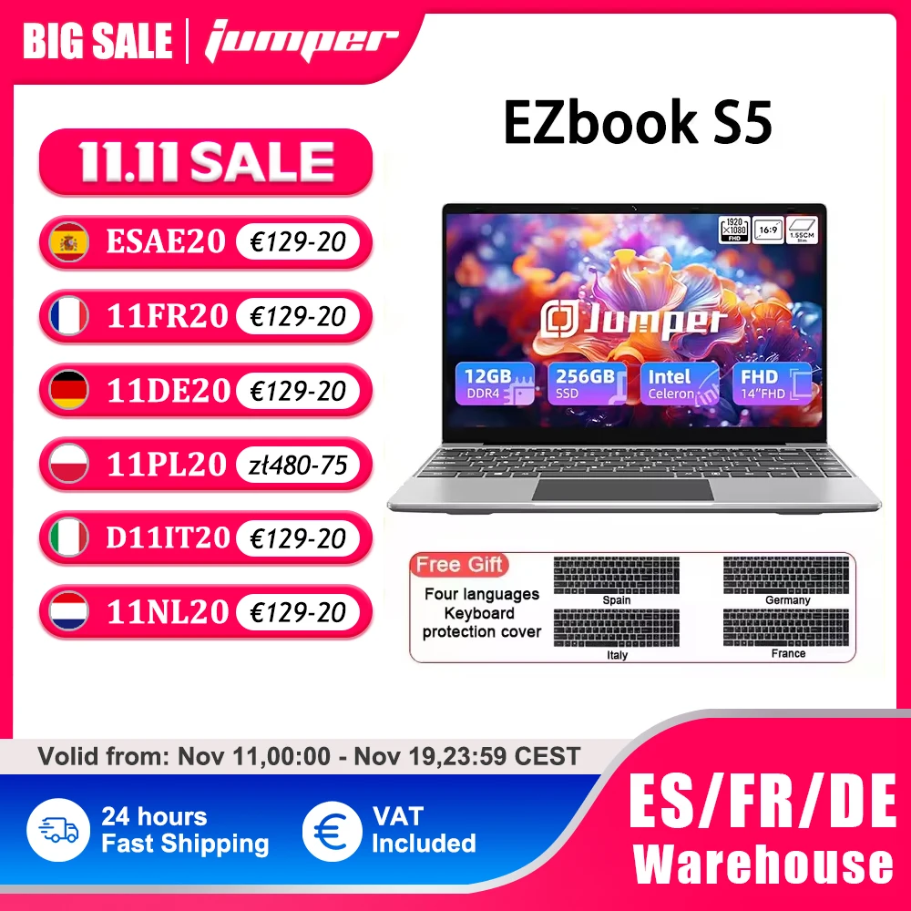 كمبيوتر محمول Jumper EZbook S5 مقاس 14 بوصة، وذاكرة وصول عشوائي 12 جيجابايت 256 جيجابايت SSD، معالج Intel Celeron J4105 Notebook، ومكبر صوتين، وType-C، وHDMI صغير