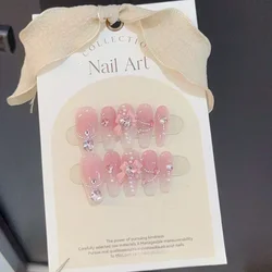 10Pcs Handmade Press on Nails Full Cover Elegant Design French Ballerina Cute Pink False Nails Wearable Manicure Nail Tips Art