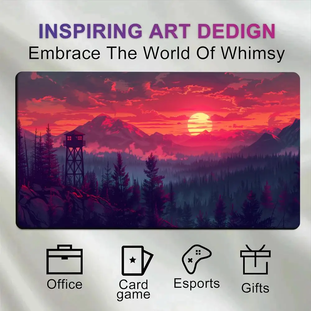 Mountain Sunset Watchtower Aesthetic Desk Mat,Office Table Protector,Non‑Slip Rubber Base,Stitched Edge for Laptop Home Gifts