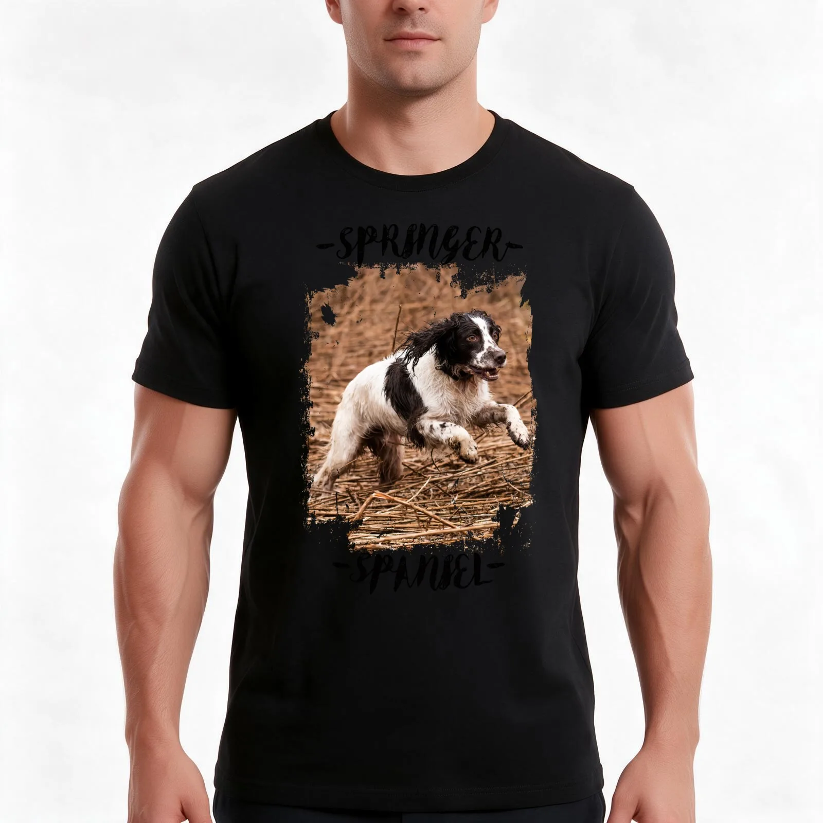 Working Springer spaniel in the field photograph T-Shirt Summer Casual Cotton Tee Oversized Streetwear Tops Unisex Men Women