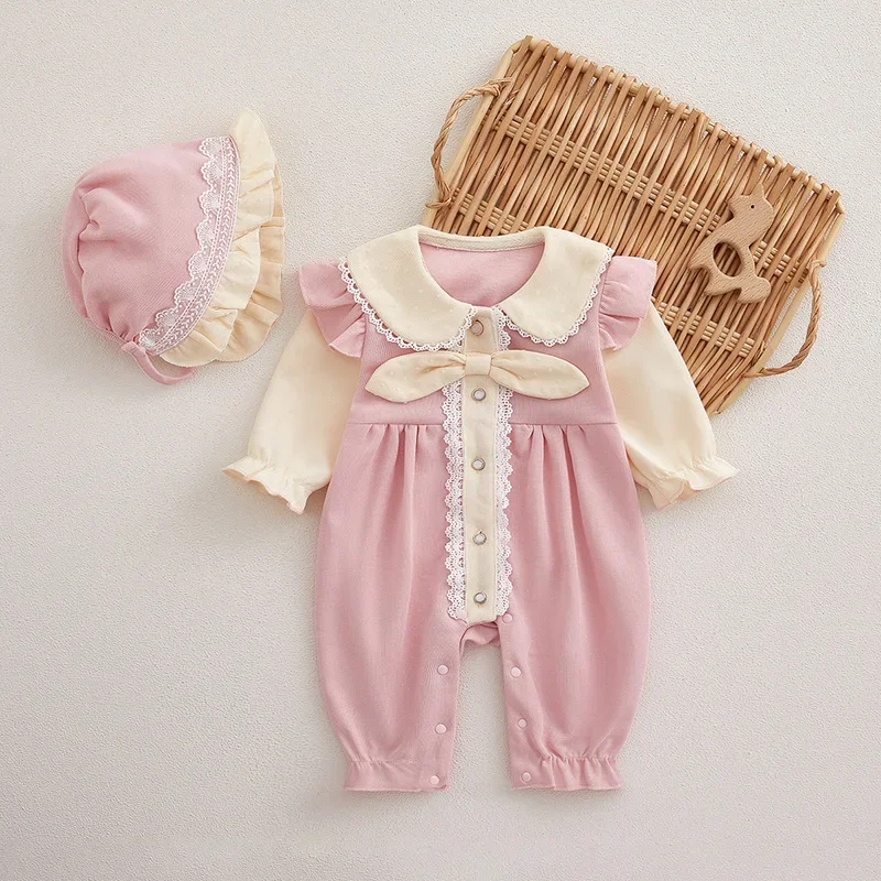 

Baby Peter Pan Collar Rompers Autumn Single-layer Comfortable Cute Girl Baby Jumpsuit Bow Lace Outdoor Outfit