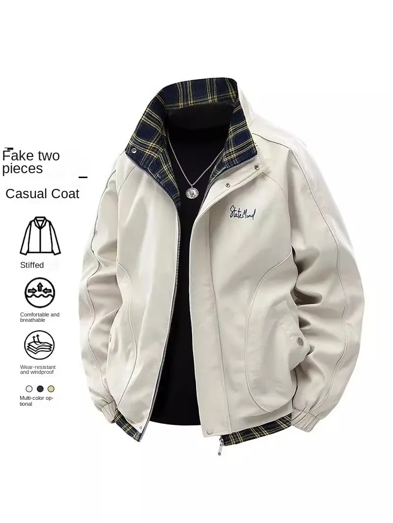 

Checkered patchwork fake two-piece men's spring new silhouette stand up collar jacket, cool casual baseball jacket