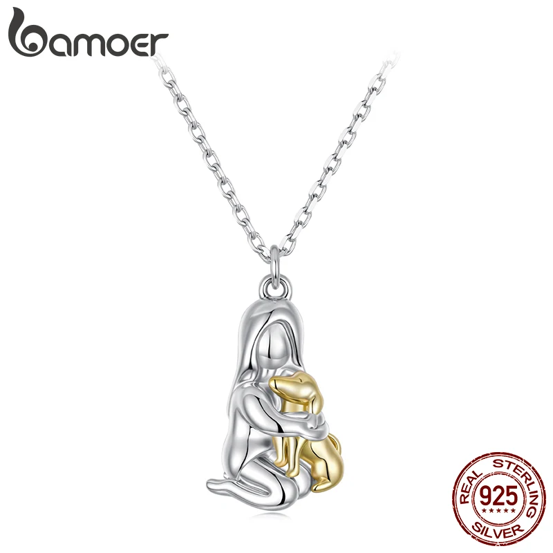 

BAMOER 925 Sterling Silver Two-tones Gilr Hugged Dog Pendant Necklace Cut Puppy Animal Chain for Women Teens Pet Family Gift