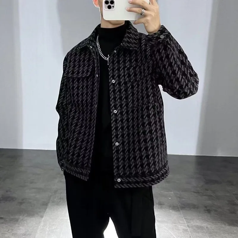 

Men's Slim Fit Warm Cotton Padded Jacket with Houndstooth Pattern Stylish Korean Casual Outerwear for Autumn Winter Minimalist