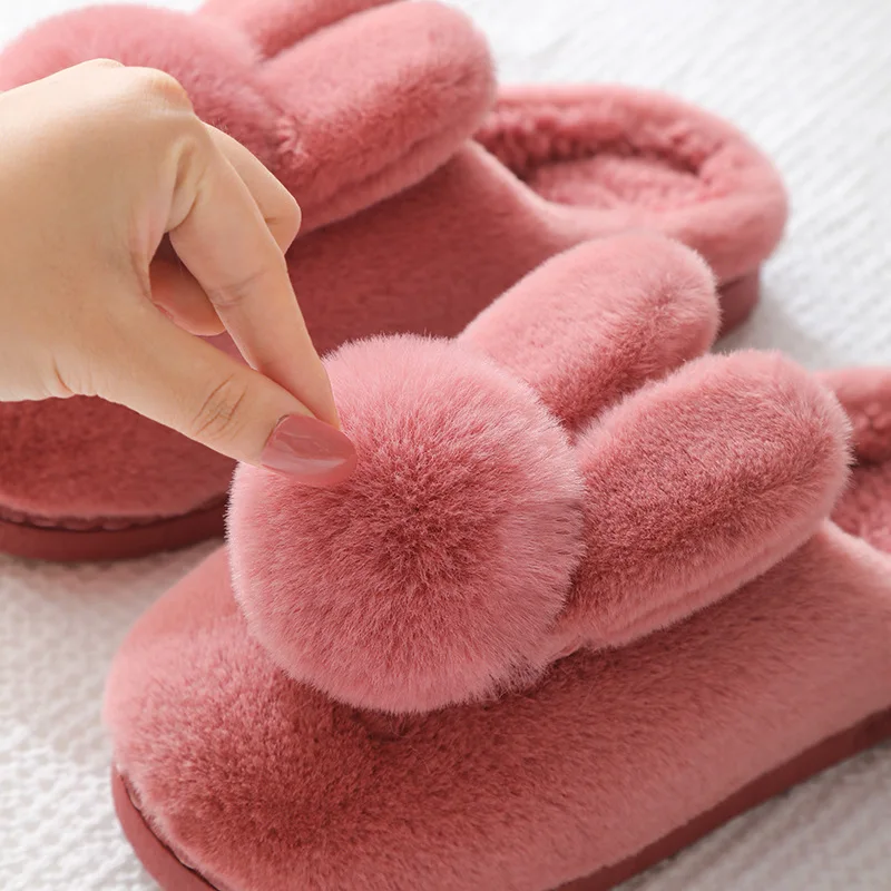 Womens Plush Slippers with Bunny Ears Cozy Indoor House Shoes for Women Non Slip Warm Winter Slide Booties Couple Footwear