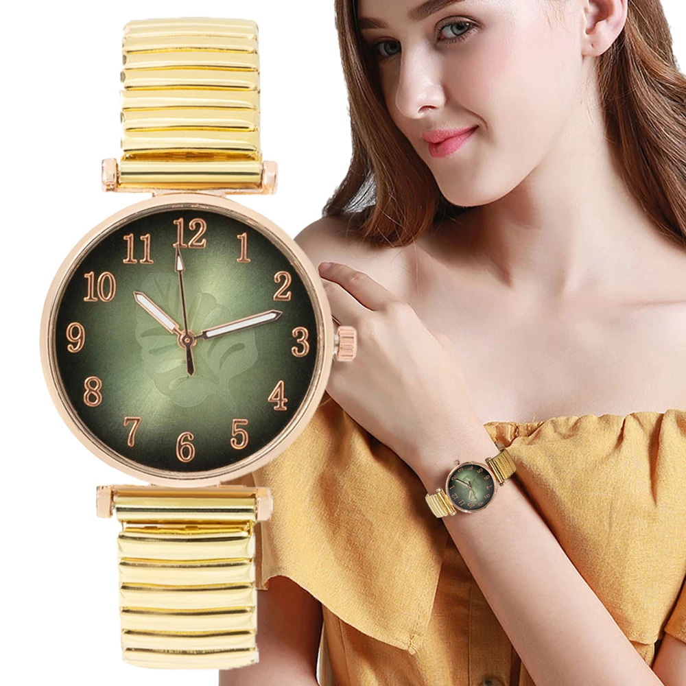 Minimalist Digital Leaf Pattern Women\'s Quartz Watch Fashion Luxury Gold Stretch Classless Strap Ladies Dress Clock Wristwatches